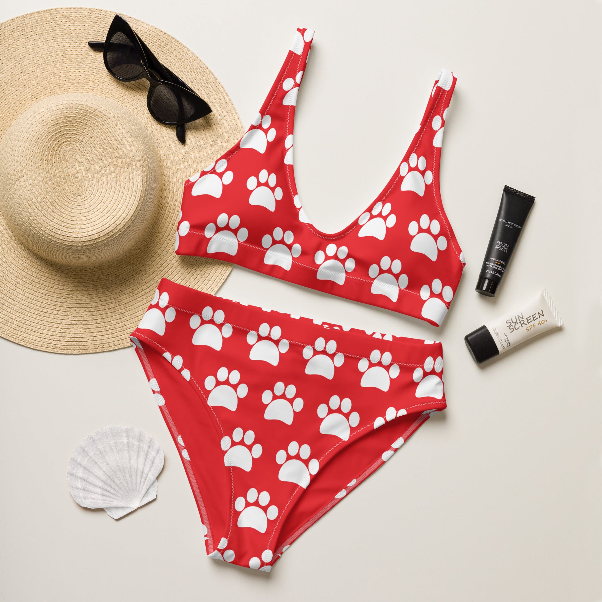 Women's Red Paw Print Recycled Bikini - Removable Padding, Buttery Soft Quick-Drying UPF 50+ Fabric