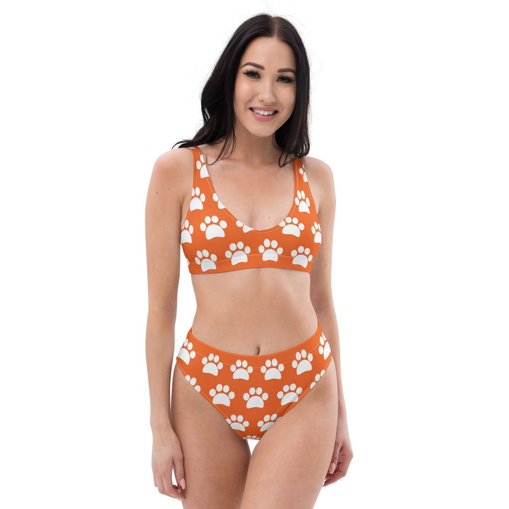 Women's Orange Paw Print Recycled Bikini - Removable Padding, Buttery Soft Quick-Drying UPF 50+ Fabric