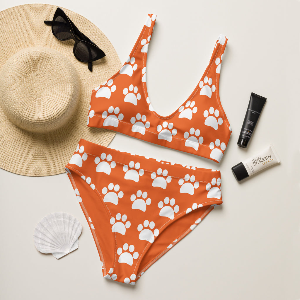 Women's Orange Paw Print Recycled Bikini - Removable Padding, Buttery Soft Quick-Drying UPF 50+ Fabric