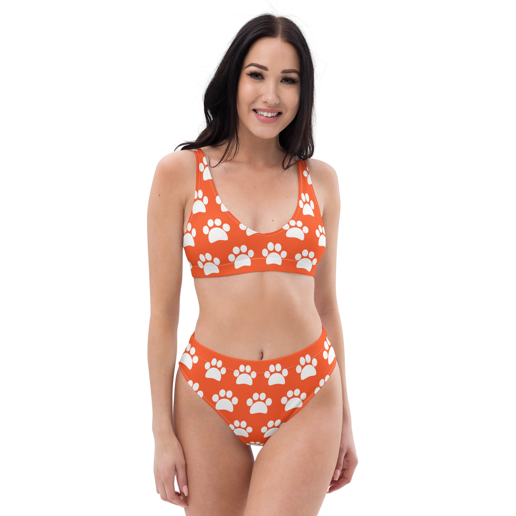 Women's Bright Orange Paw Print Recycled Bikini - Removable Padding, Buttery Soft Quick-Drying UPF 50+ Fabric
