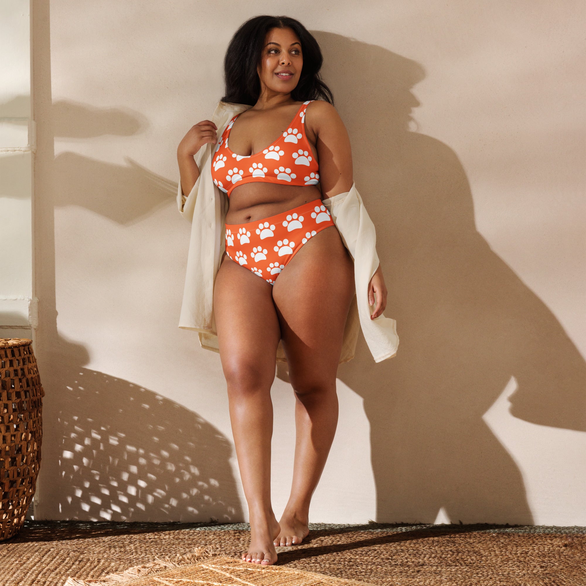 Women's Bright Orange Paw Print Recycled Bikini - Removable Padding, Buttery Soft Quick-Drying UPF 50+ Fabric