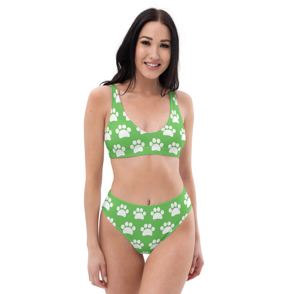 Women's Green Paw Print Recycled Bikini - Removable Padding, Buttery Soft Quick-Drying UPF 50+ Fabric