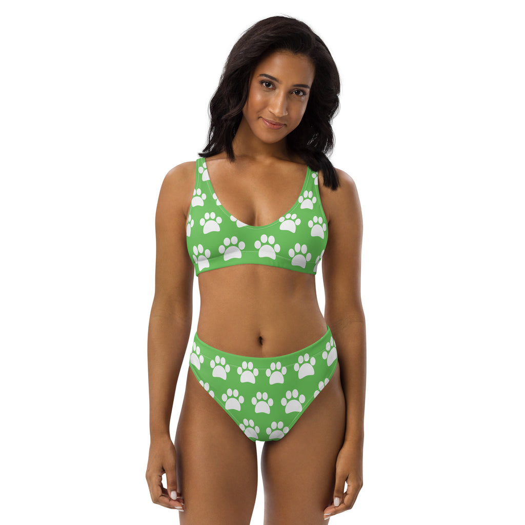 Women's Green Paw Print Recycled Bikini - Removable Padding, Buttery Soft Quick-Drying UPF 50+ Fabric