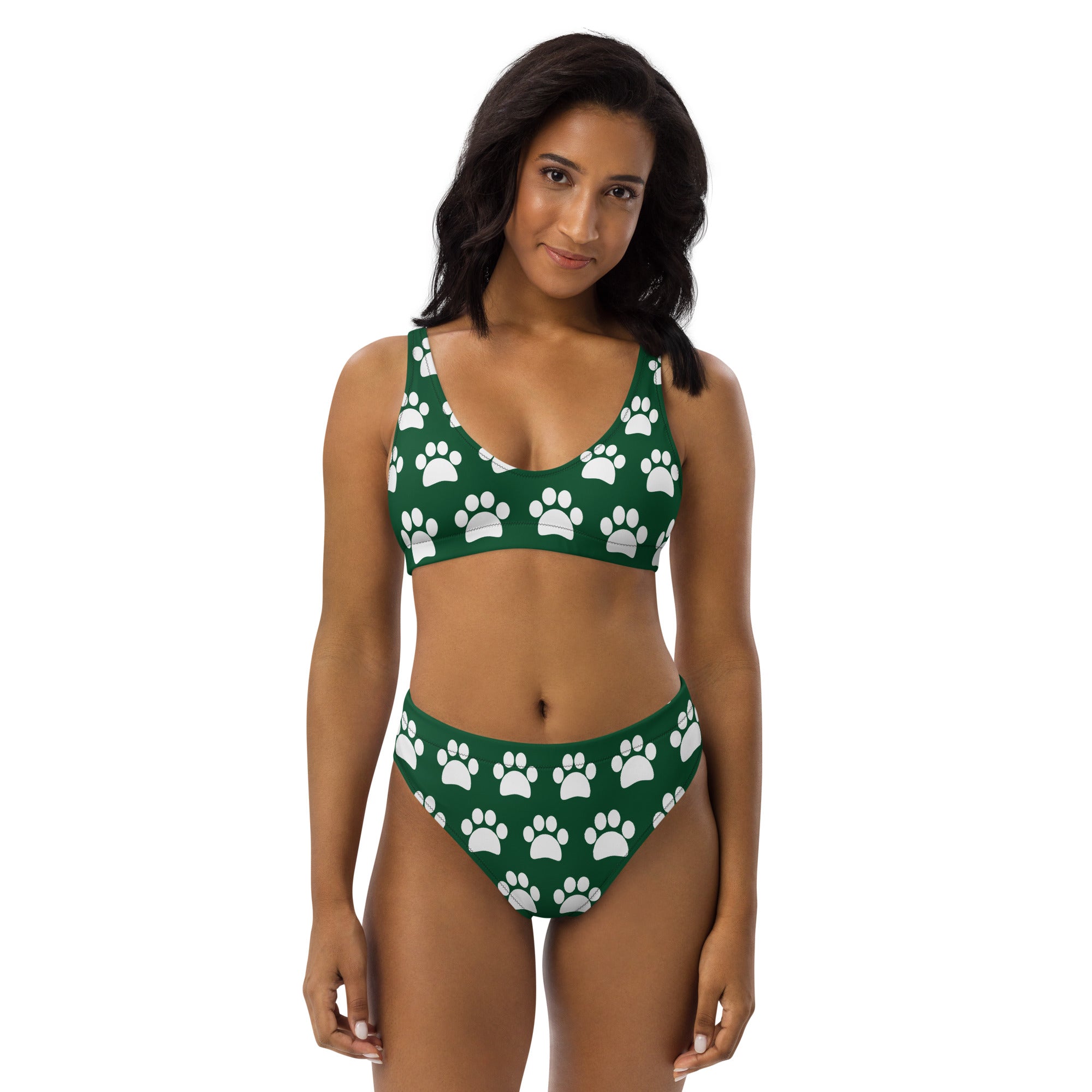 Women's Dark Forest Green Paw Print Recycled Bikini - Removable Padding, Buttery Soft Quick-Drying UPF 50+ Fabric