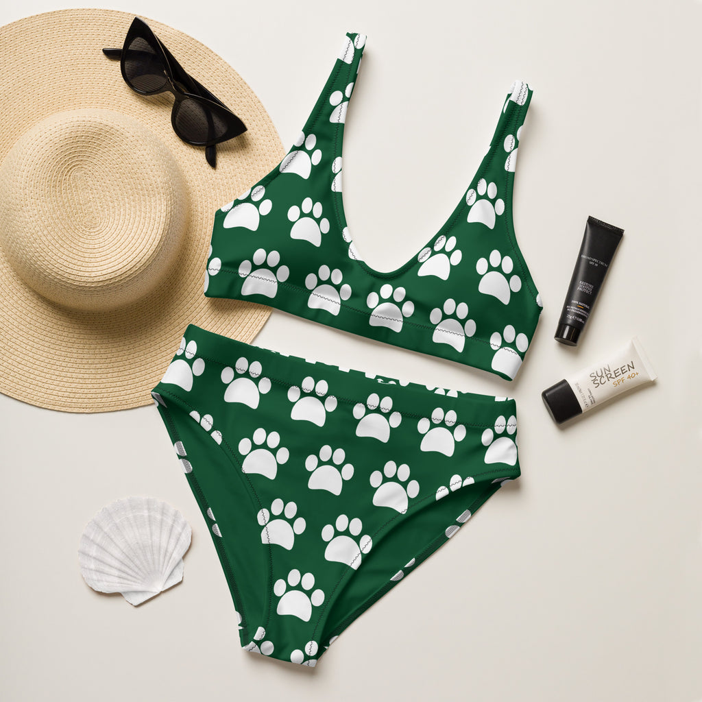 Women's Dark Forest Green Paw Print Recycled Bikini - Removable Padding, Buttery Soft Quick-Drying UPF 50+ Fabric