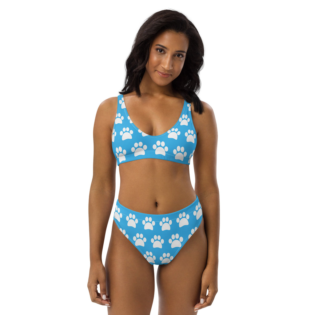 Women's Light Blue Paw Print Recycled Bikini - Removable Padding, Buttery Soft Quick-Drying UPF 50+ Fabric