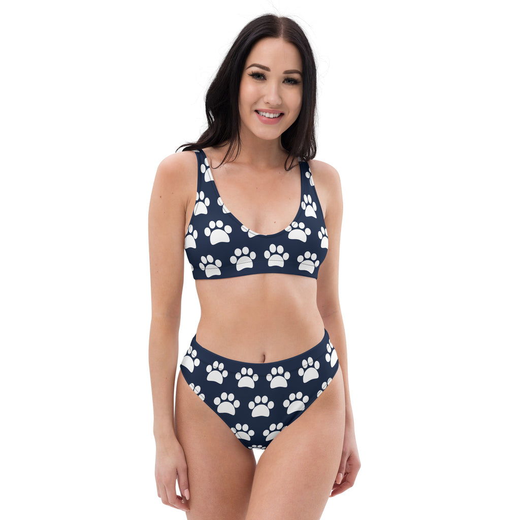 Women's Dark Navy Blue Paw Print Recycled Bikini - Removable Padding, Buttery Soft Quick-Drying UPF 50+ Fabric