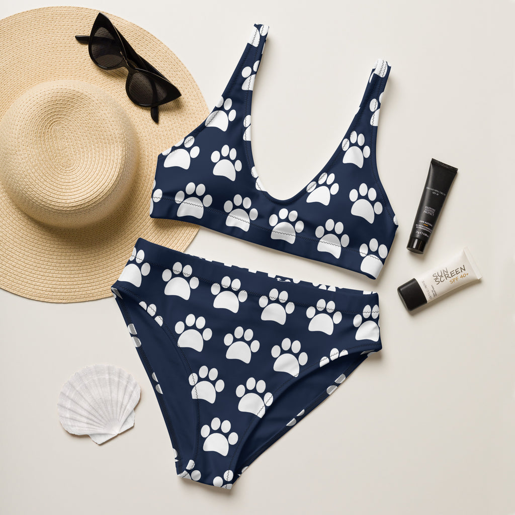 Women's Dark Navy Blue Paw Print Recycled Bikini - Removable Padding, Buttery Soft Quick-Drying UPF 50+ Fabric