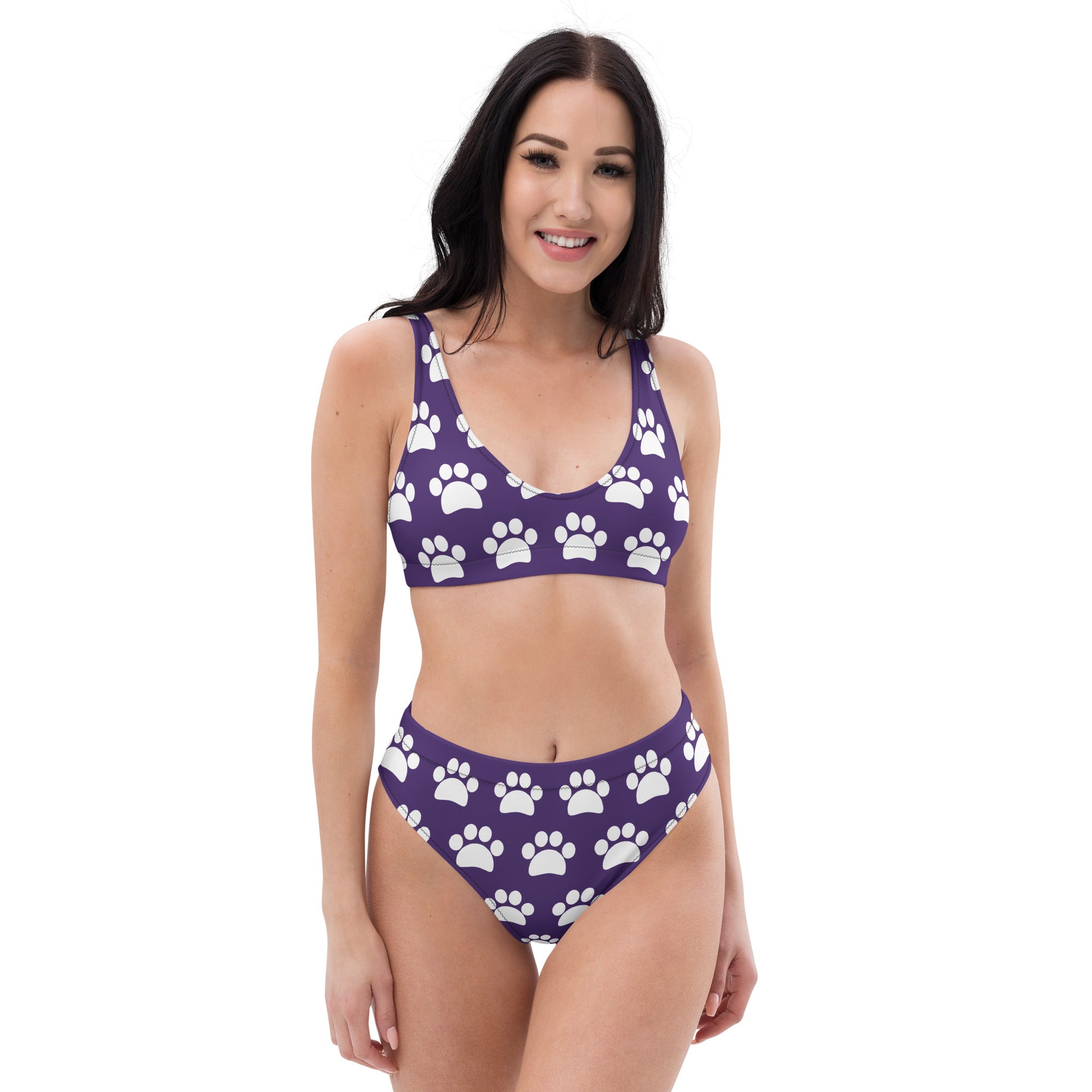 Women's Dark Purple Paw Print Recycled Bikini - Removable Padding, Buttery Soft Quick-Drying UPF 50+ Fabric