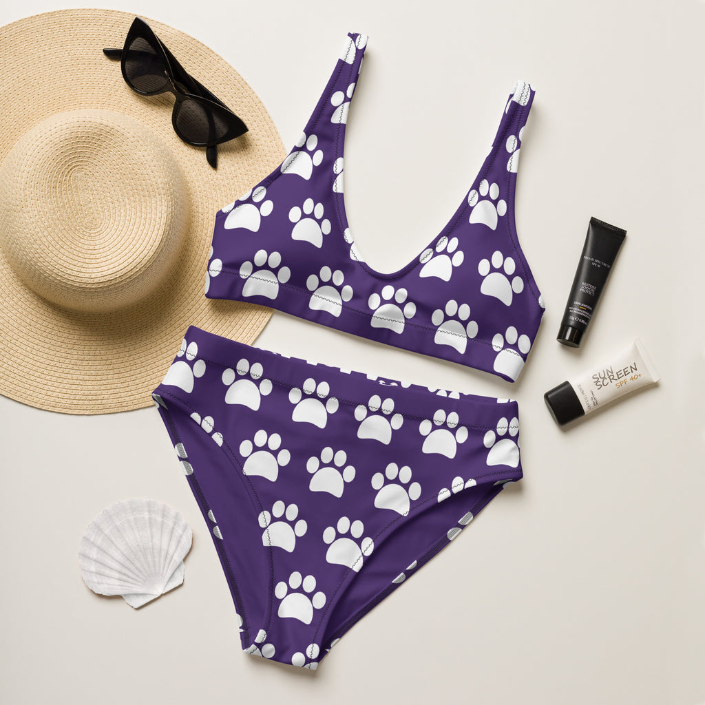 Women's Dark Purple Paw Print Recycled Bikini - Removable Padding, Buttery Soft Quick-Drying UPF 50+ Fabric
