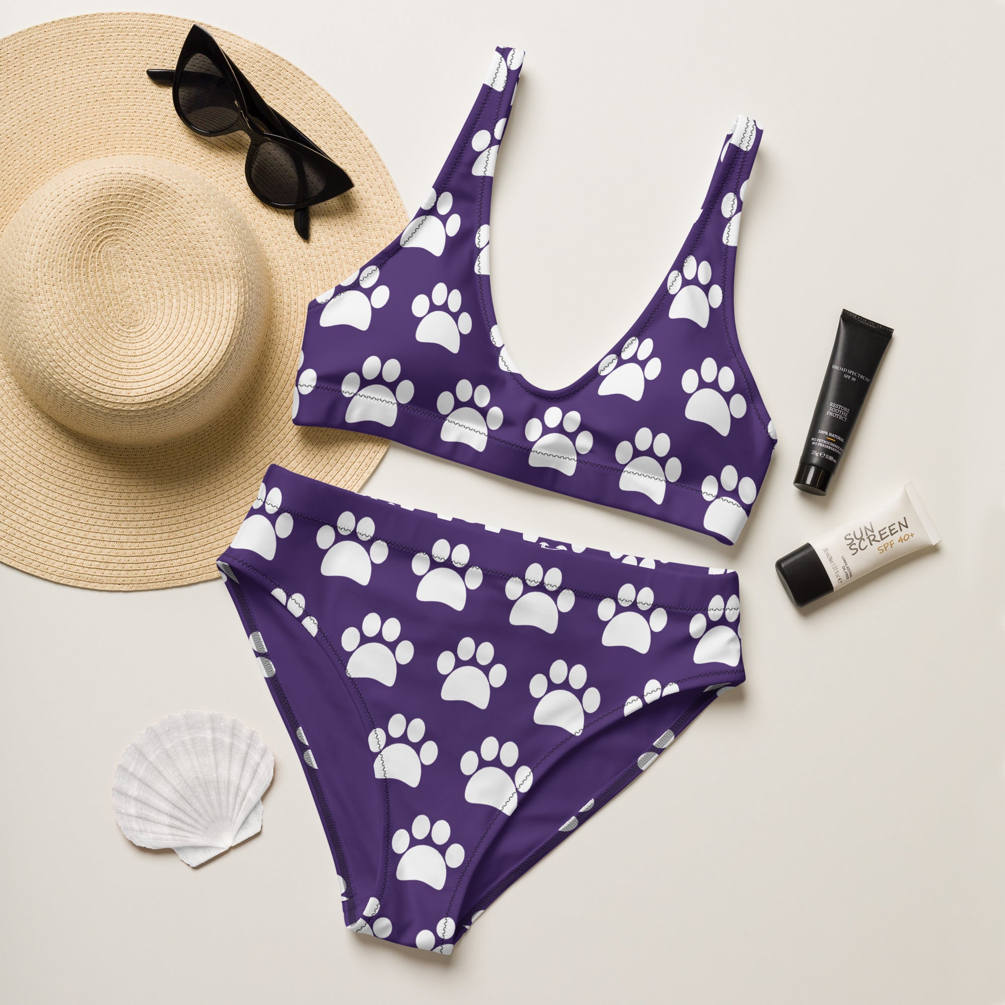 Women's Dark Purple Paw Print Recycled Bikini - Removable Padding, Buttery Soft Quick-Drying UPF 50+ Fabric