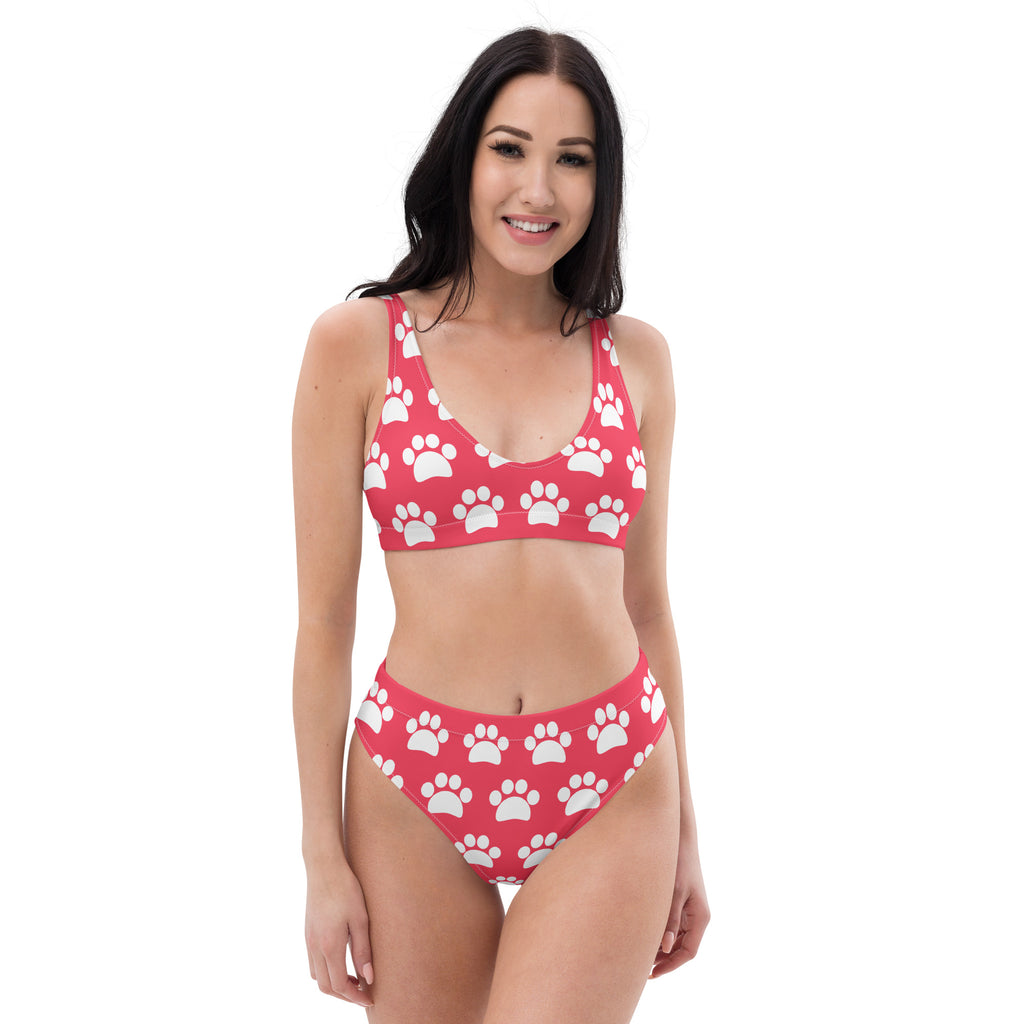 Women's Bright Pink Paw Print Print Recycled Bikini - Removable Padding, Buttery Soft Quick-Drying UPF 50+ Fabric