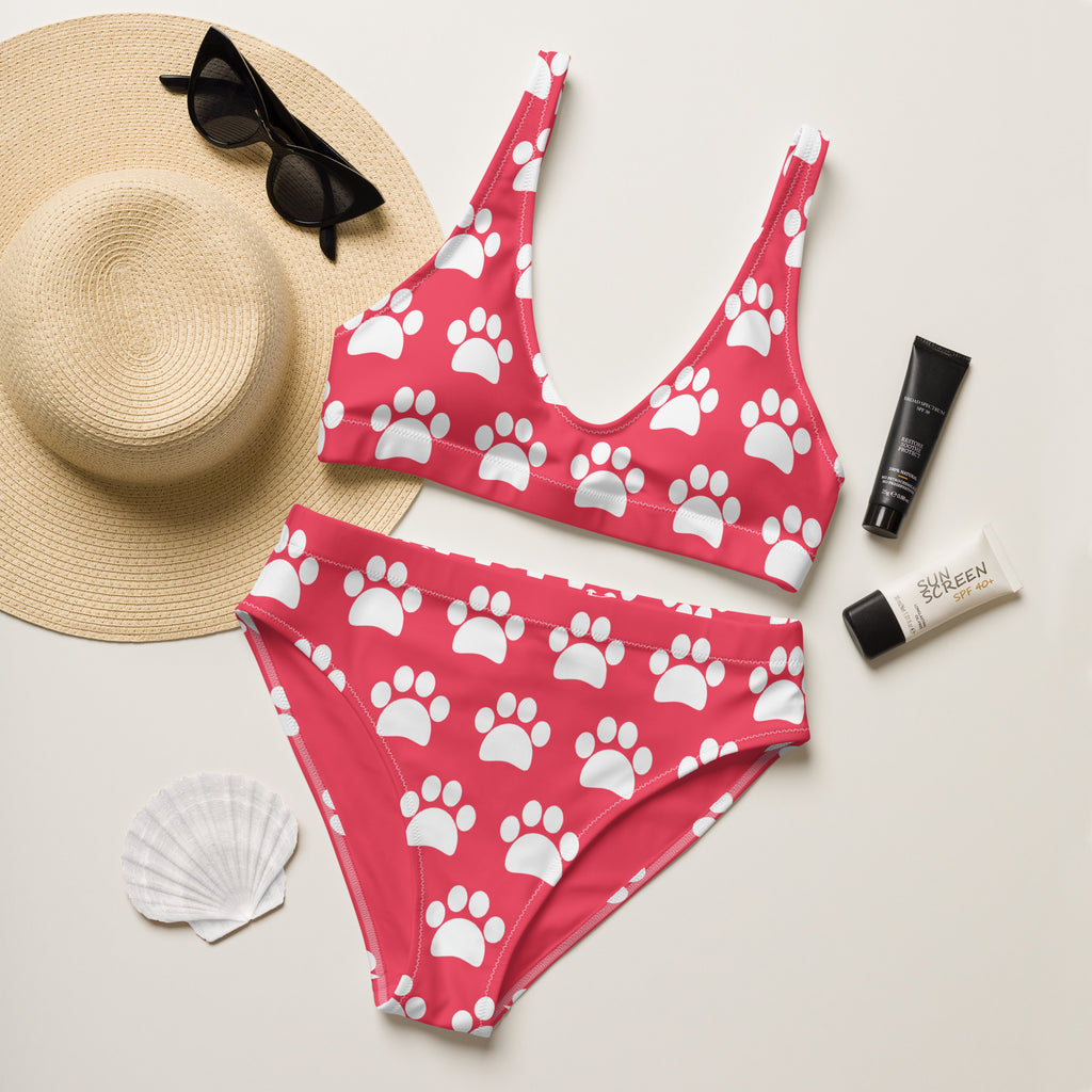 Women's Bright Pink Paw Print Print Recycled Bikini - Removable Padding, Buttery Soft Quick-Drying UPF 50+ Fabric