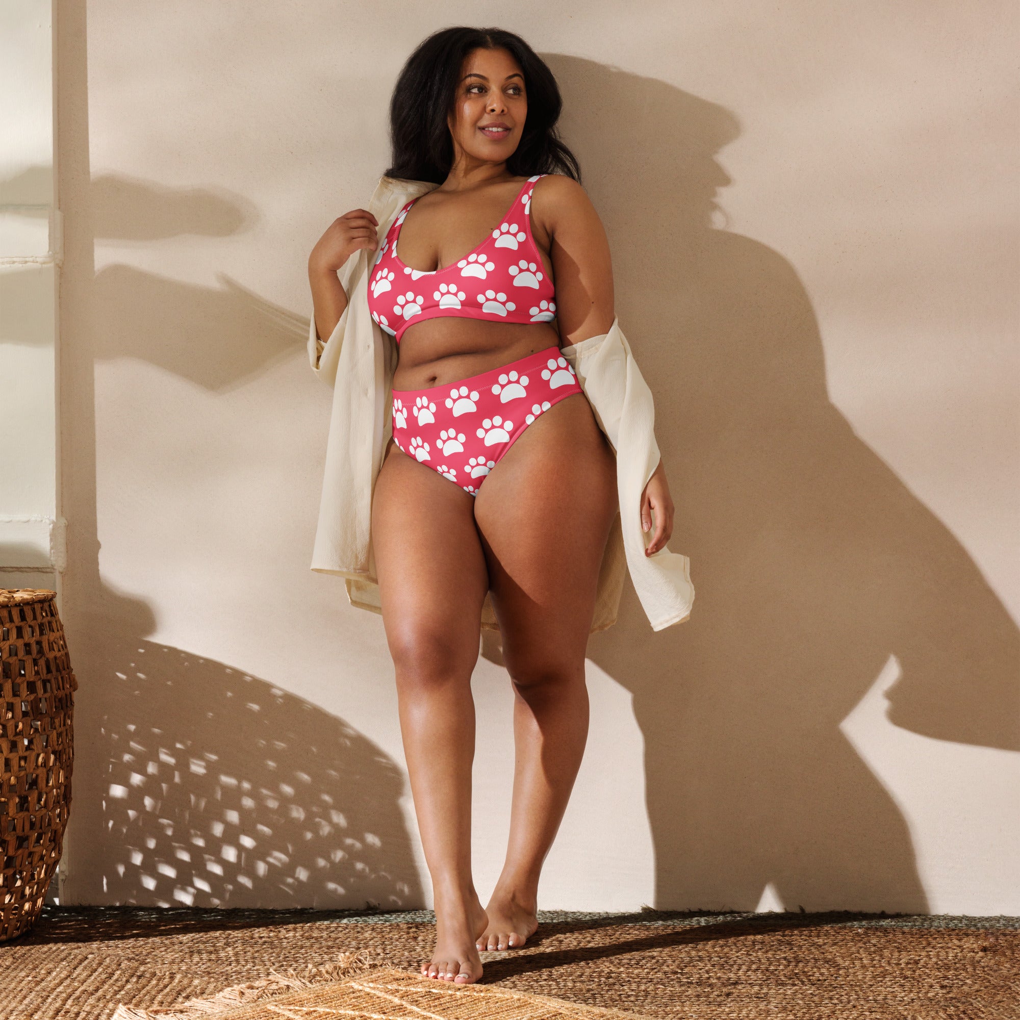 Women's Bright Pink Paw Print Print Recycled Bikini - Removable Padding, Buttery Soft Quick-Drying UPF 50+ Fabric