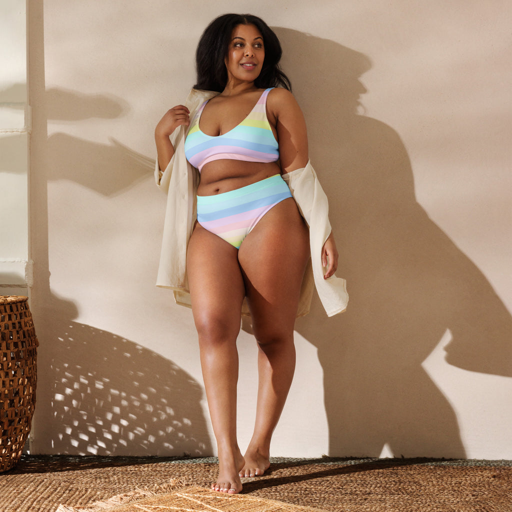 Women's Pastel Rainbow Stripes Recycled Bikini - Removable Padding, Buttery Soft Quick-Drying UPF 50+ Fabric