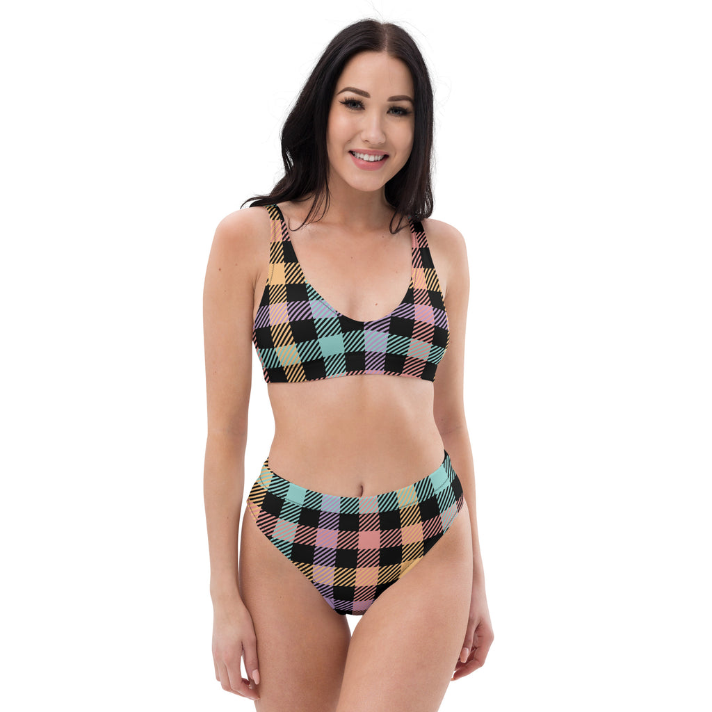 Women's Pastel Rainbow Gingham Recycled Bikini - Removable Padding, Buttery Soft Quick-Drying UPF 50+ Fabric