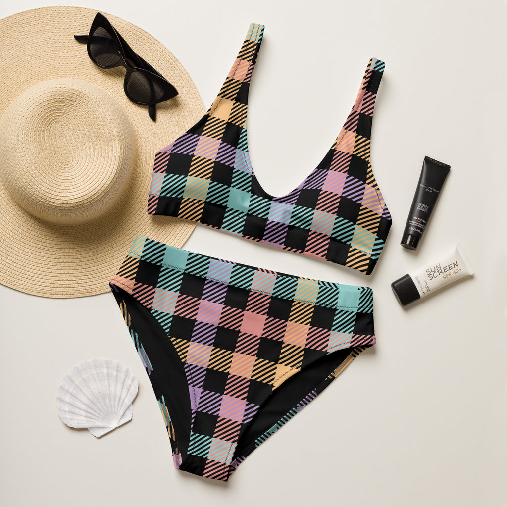 Women's Pastel Rainbow Gingham Recycled Bikini - Removable Padding, Buttery Soft Quick-Drying UPF 50+ Fabric