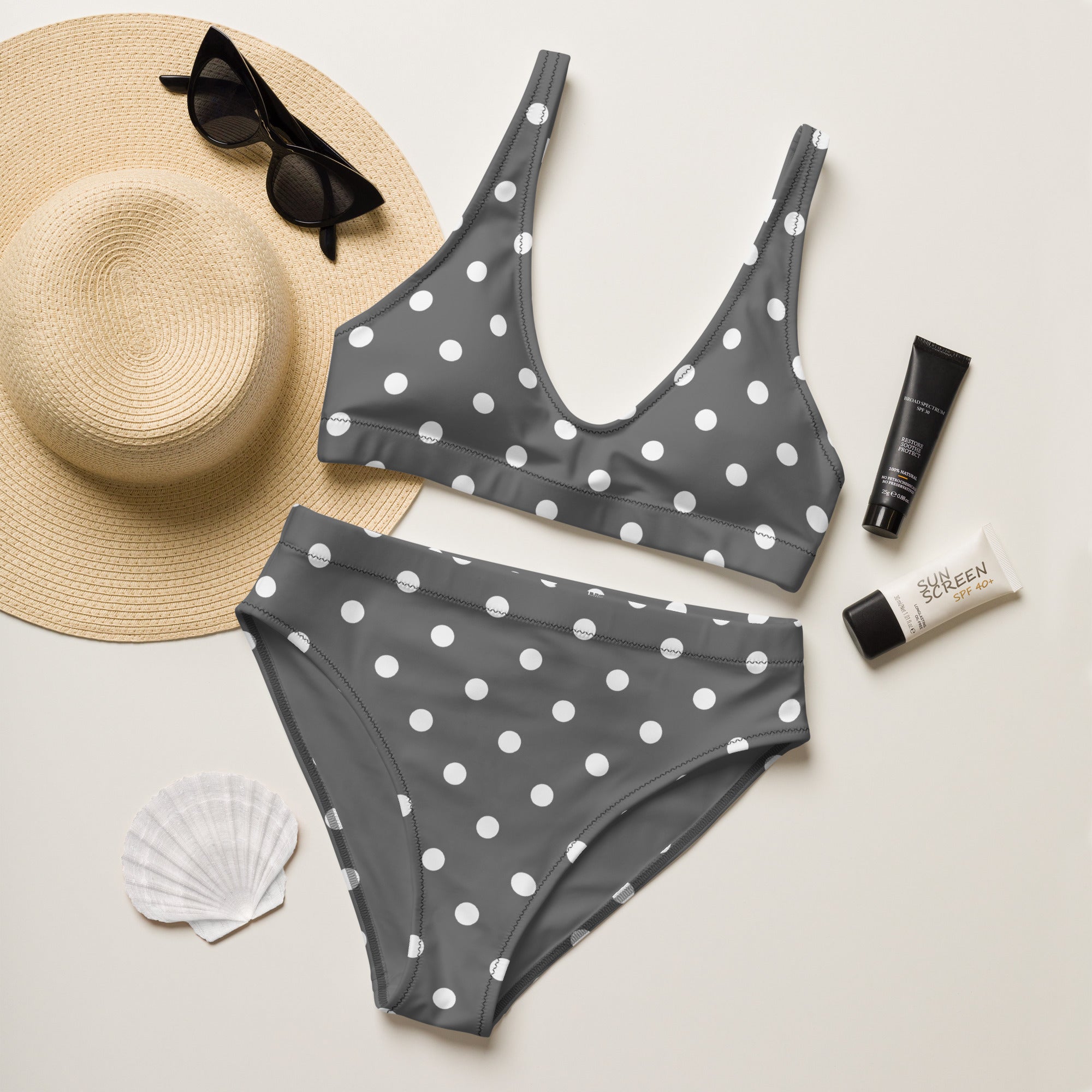 Women's Gray Polka Dot Recycled Bikini - Removable Padding, Buttery Soft Quick-Drying UPF 50+ Fabric