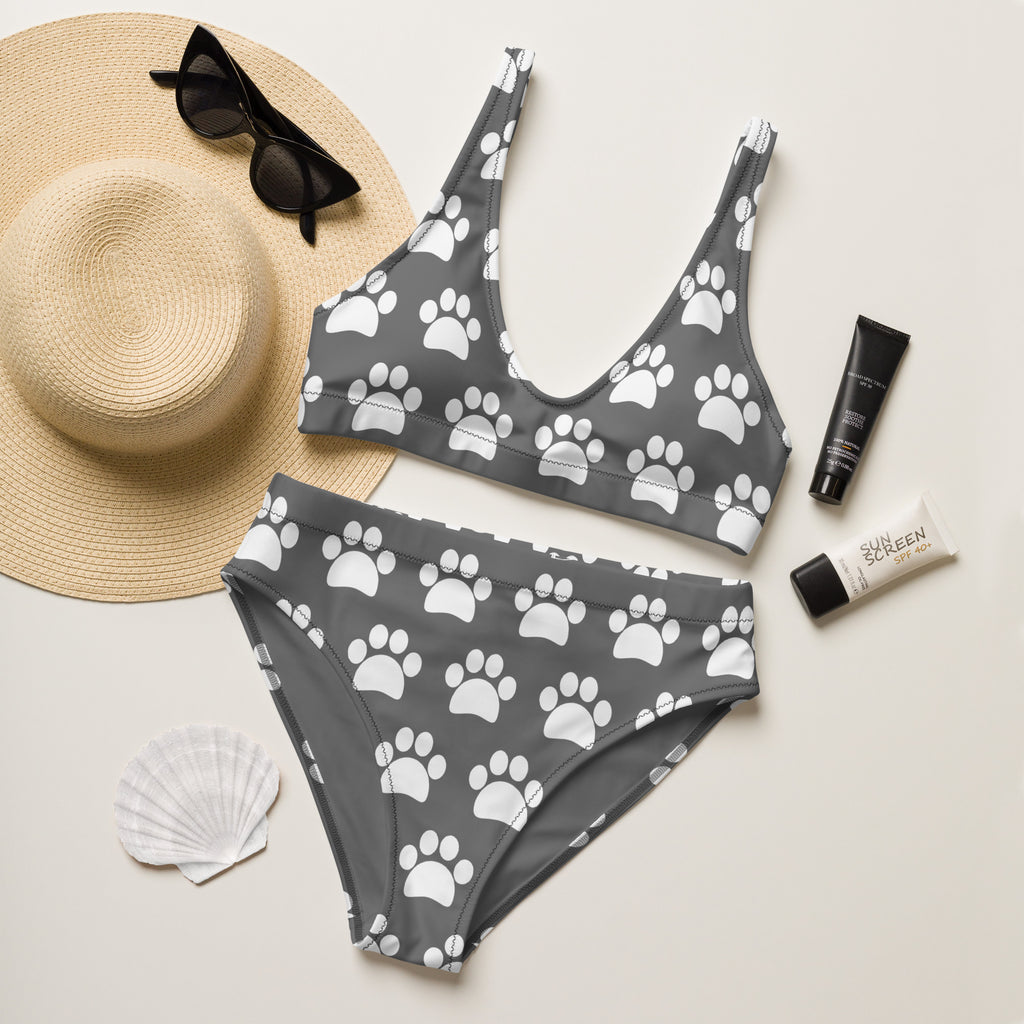 Women's Gray Paw Print Recycled Bikini - Removable Padding, Buttery Soft Quick-Drying UPF 50+ Fabric