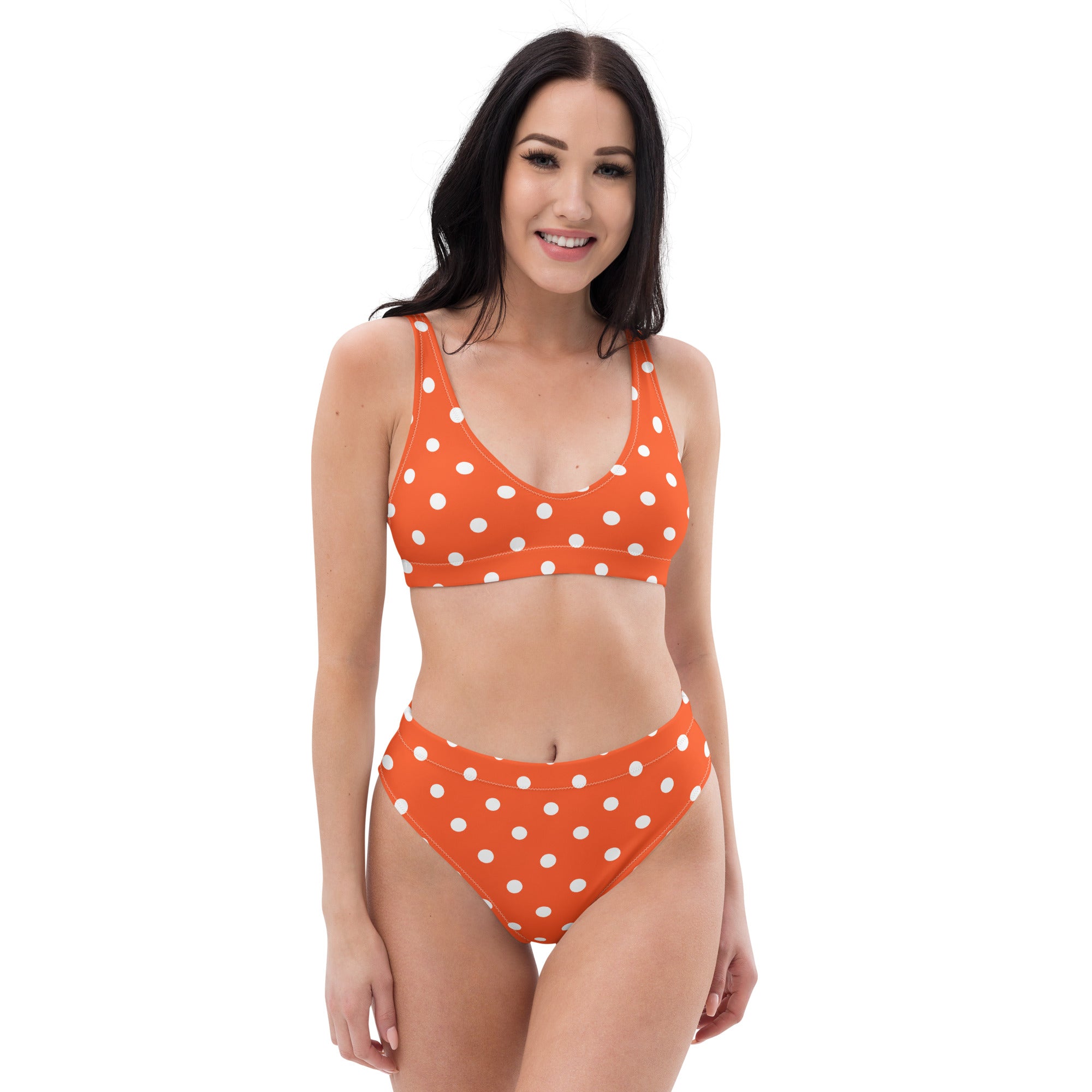 Women's Bright Orange Polka Dot Recycled Bikini - Removable Padding, Buttery Soft Quick-Drying UPF 50+ Fabric