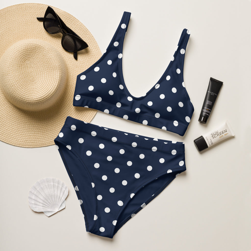 Women's Dark Navy Blue Polka Dot Recycled Bikini - Removable Padding, Buttery Soft Quick-Drying UPF 50+ Fabric