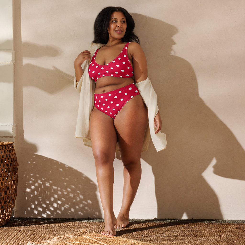 Women's Crimson Red Polka Dot Recycled Bikini - Removable Padding, Buttery Soft Quick-Drying UPF 50+ Fabric