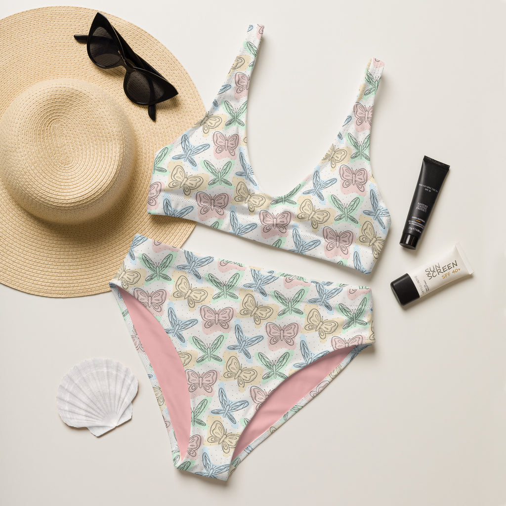Women's Colorful Pastel Butterfly & Dragonfly Recycled Bikini - Removable Padding, Buttery Soft Quick-Drying UPF 50+ Fabric