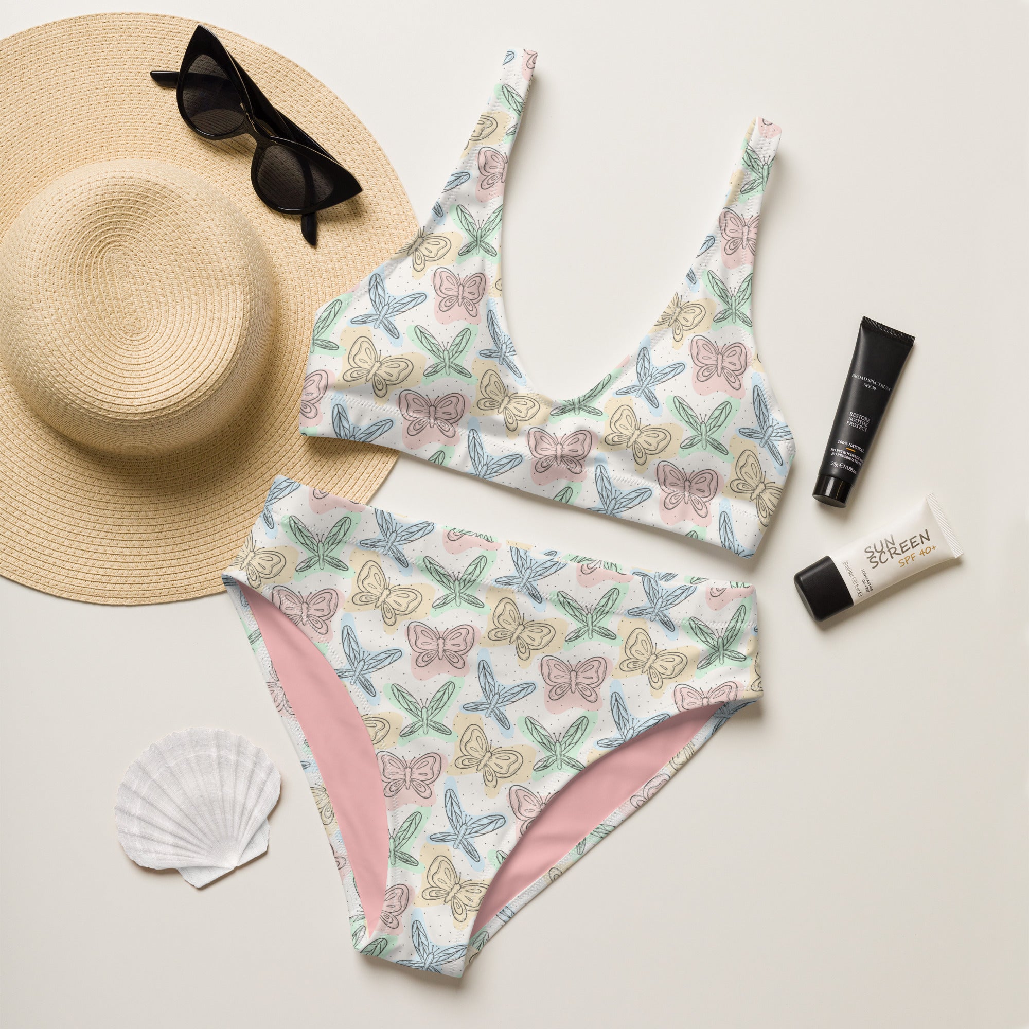 Women's Colorful Pastel Butterfly & Dragonfly Recycled Bikini - Removable Padding, Buttery Soft Quick-Drying UPF 50+ Fabric