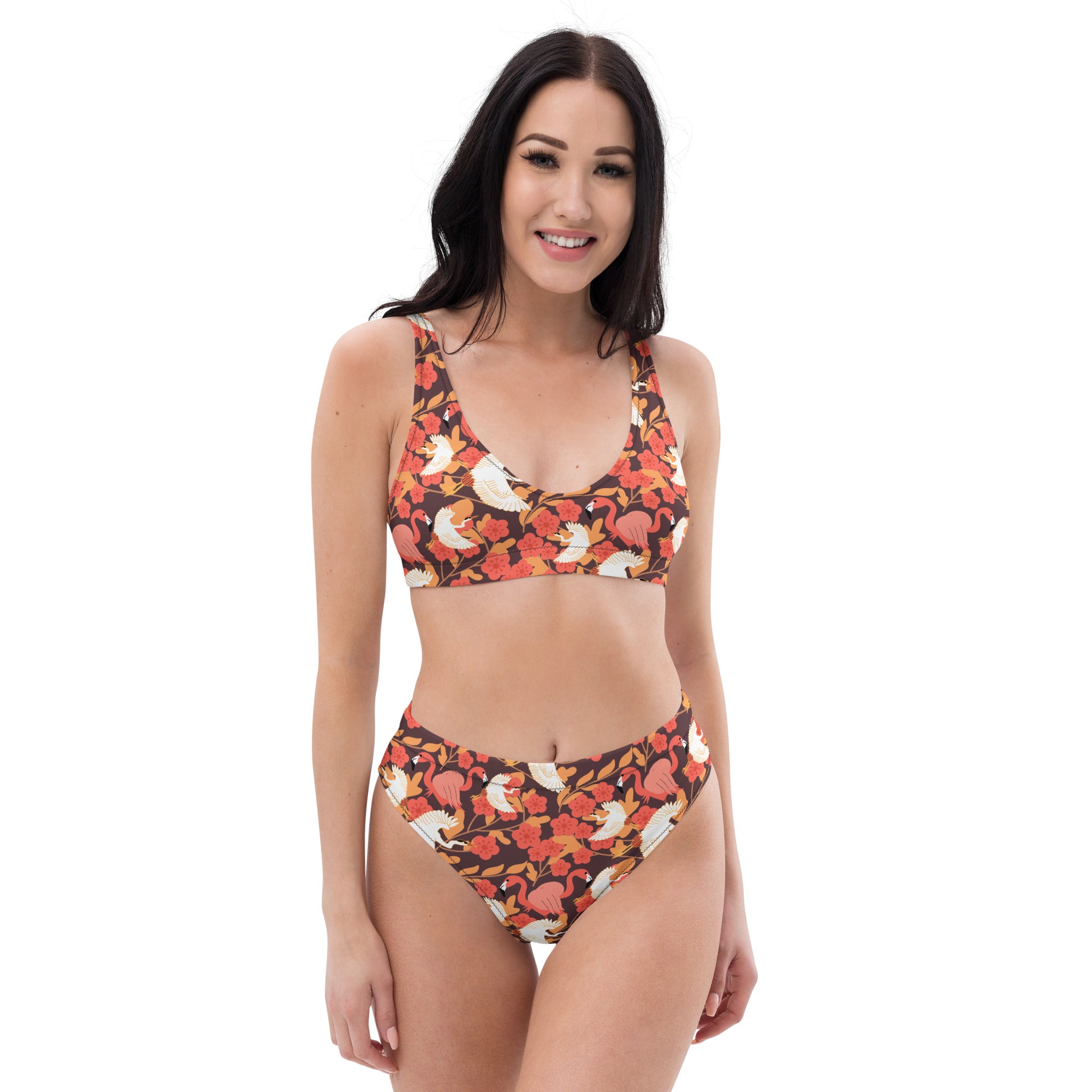 Women's Floral Flamingo Feather Recycled Bikini - Removable Padding, Buttery Soft Quick-Drying UPF 50+ Fabric