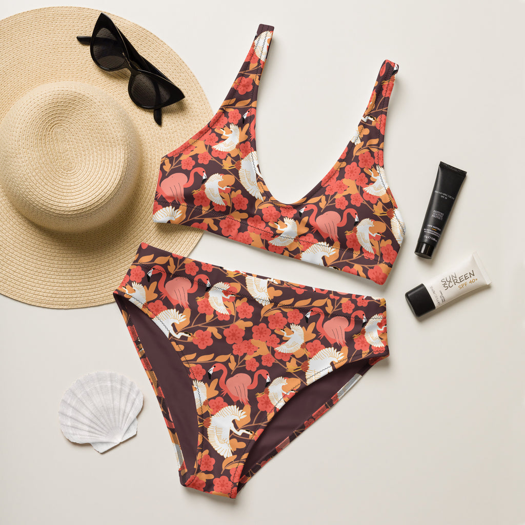 Women's Floral Flamingo Feather Recycled Bikini - Removable Padding, Buttery Soft Quick-Drying UPF 50+ Fabric