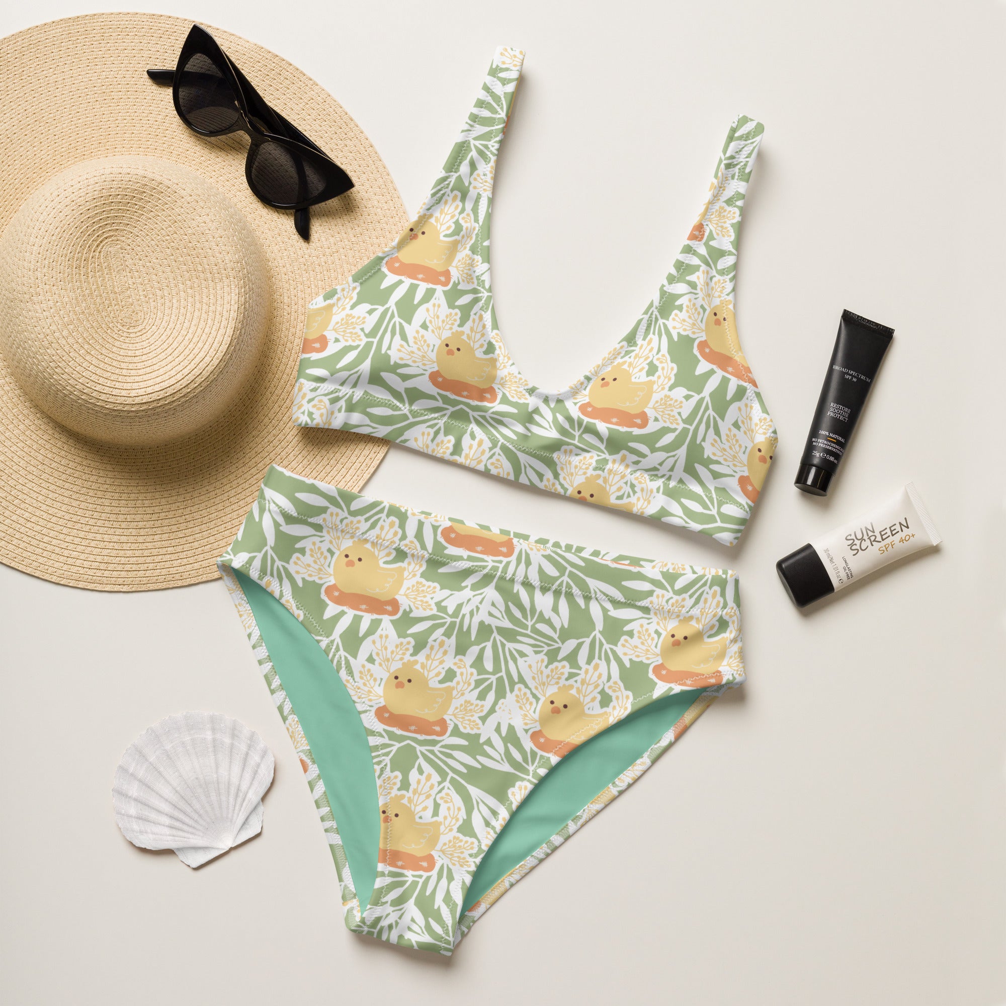 Women's Sage Green Chick Bird Recycled Bikini - Removable Padding, Buttery Soft Quick-Drying UPF 50+ Fabric