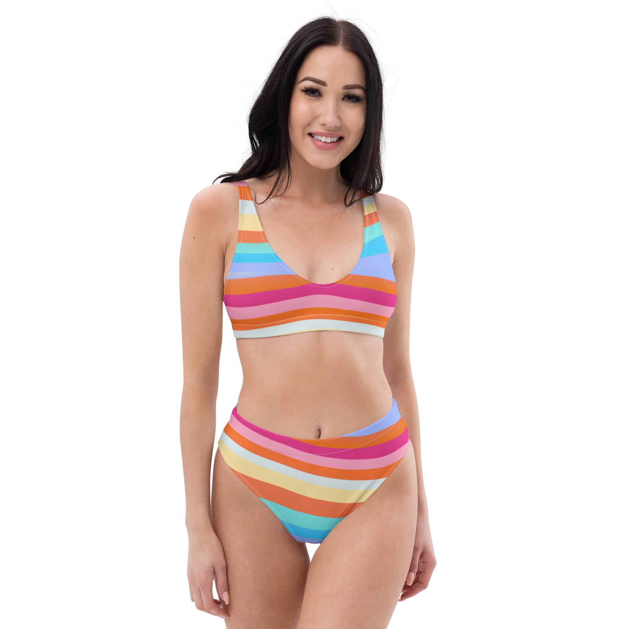 Women's Colorful Wavy Stripe Recycled Bikini - Removable Padding, Buttery Soft Quick-Drying UPF 50+ Fabric