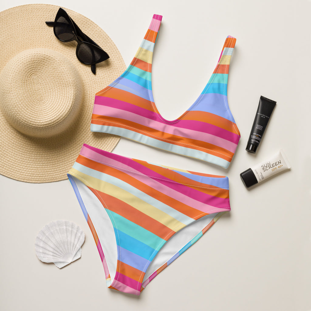 Women's Colorful Wavy Stripe Recycled Bikini - Removable Padding, Buttery Soft Quick-Drying UPF 50+ Fabric