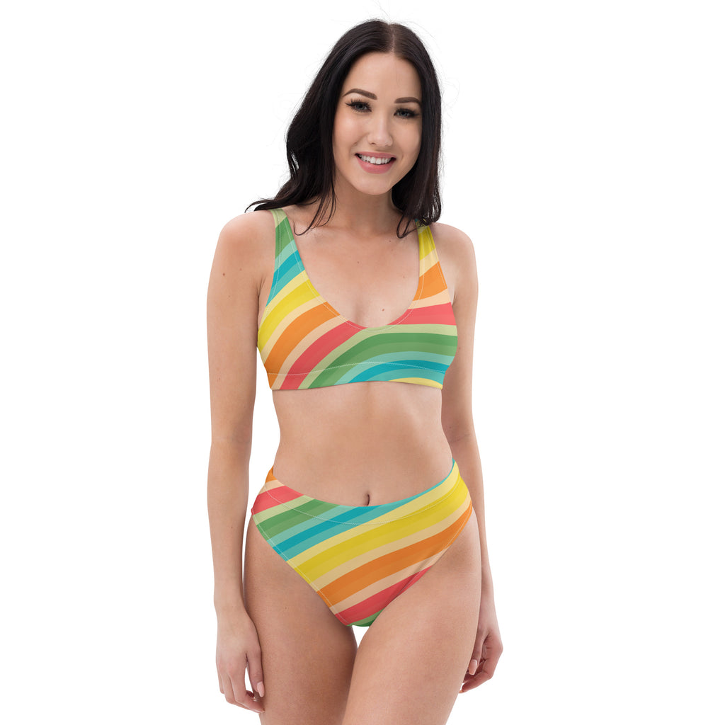 Women's Retro Striped Rainbow Recycled Bikini - Removable Padding, Buttery Soft Quick-Drying UPF 50+ Fabric