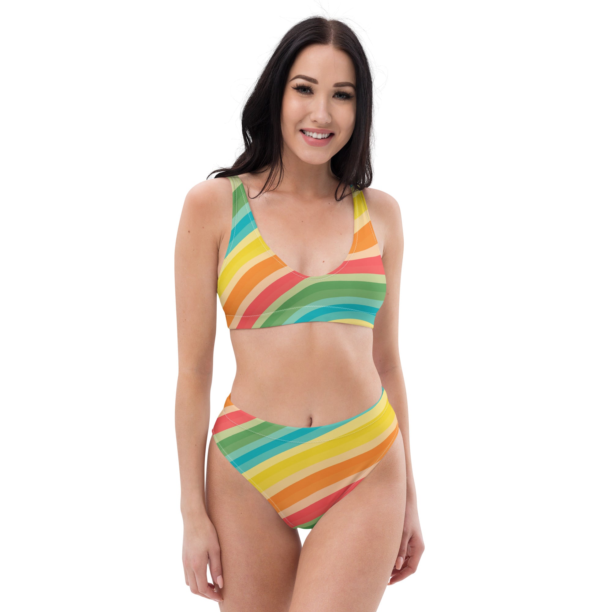 Women's Retro Striped Rainbow Recycled Bikini - Removable Padding, Buttery Soft Quick-Drying UPF 50+ Fabric