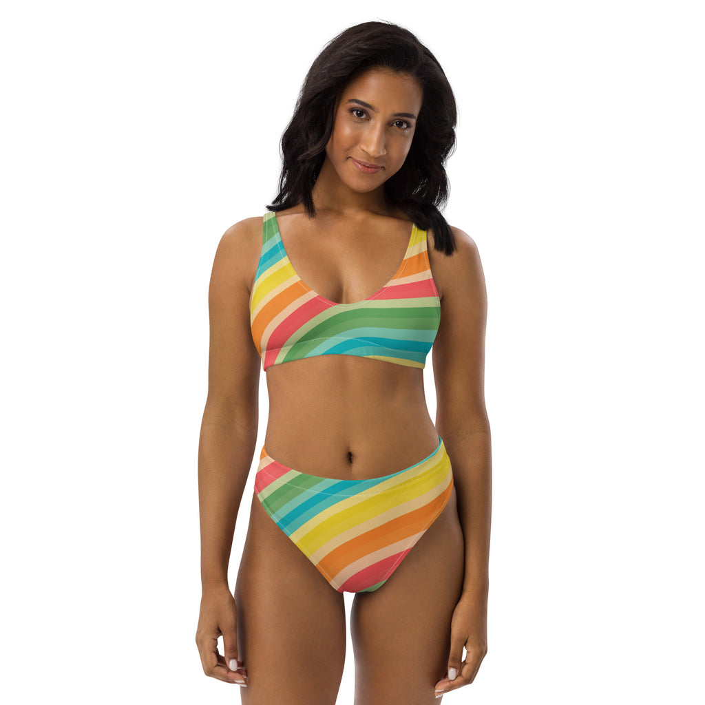 Women's Retro Striped Rainbow Recycled Bikini - Removable Padding, Buttery Soft Quick-Drying UPF 50+ Fabric
