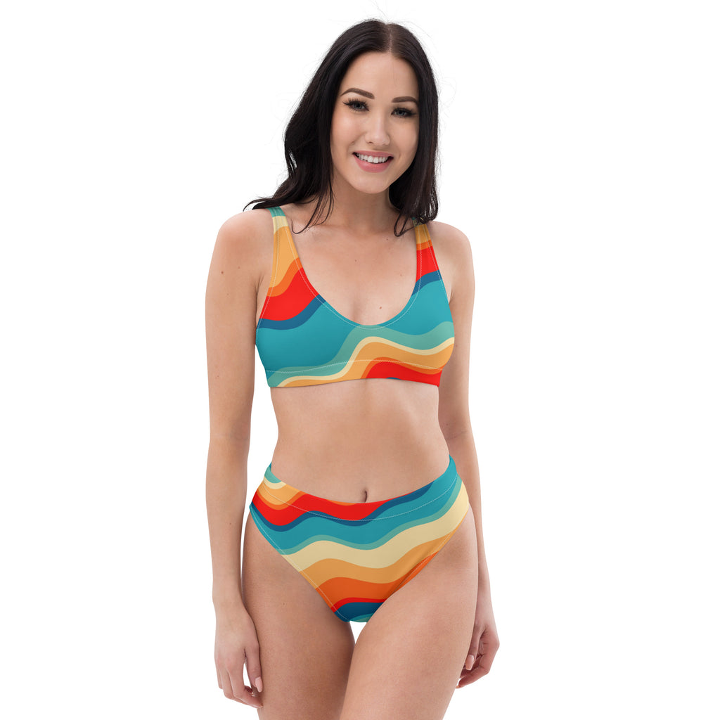 Women's Bright Retro Wave Recycled Bikini - Removable Padding, Buttery Soft Quick-Drying UPF 50+ Fabric