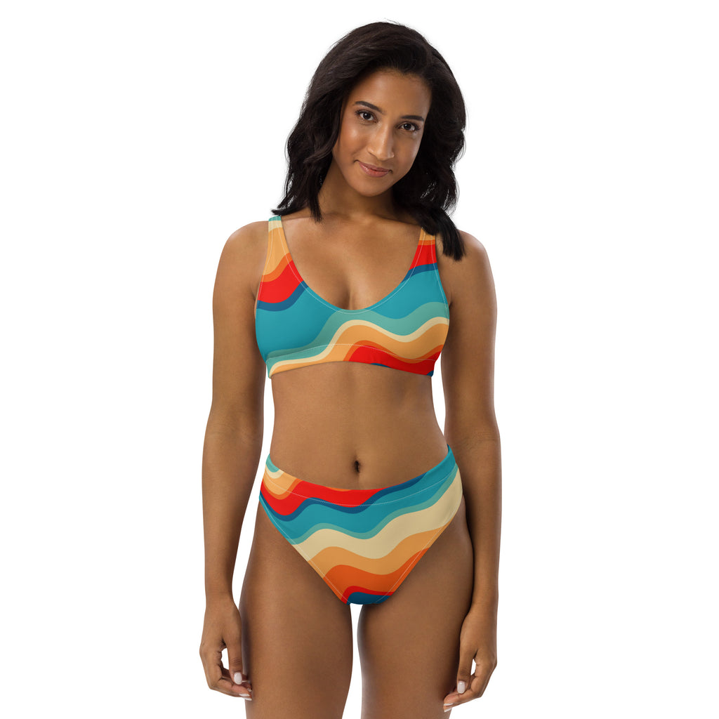 Women's Bright Retro Wave Recycled Bikini - Removable Padding, Buttery Soft Quick-Drying UPF 50+ Fabric