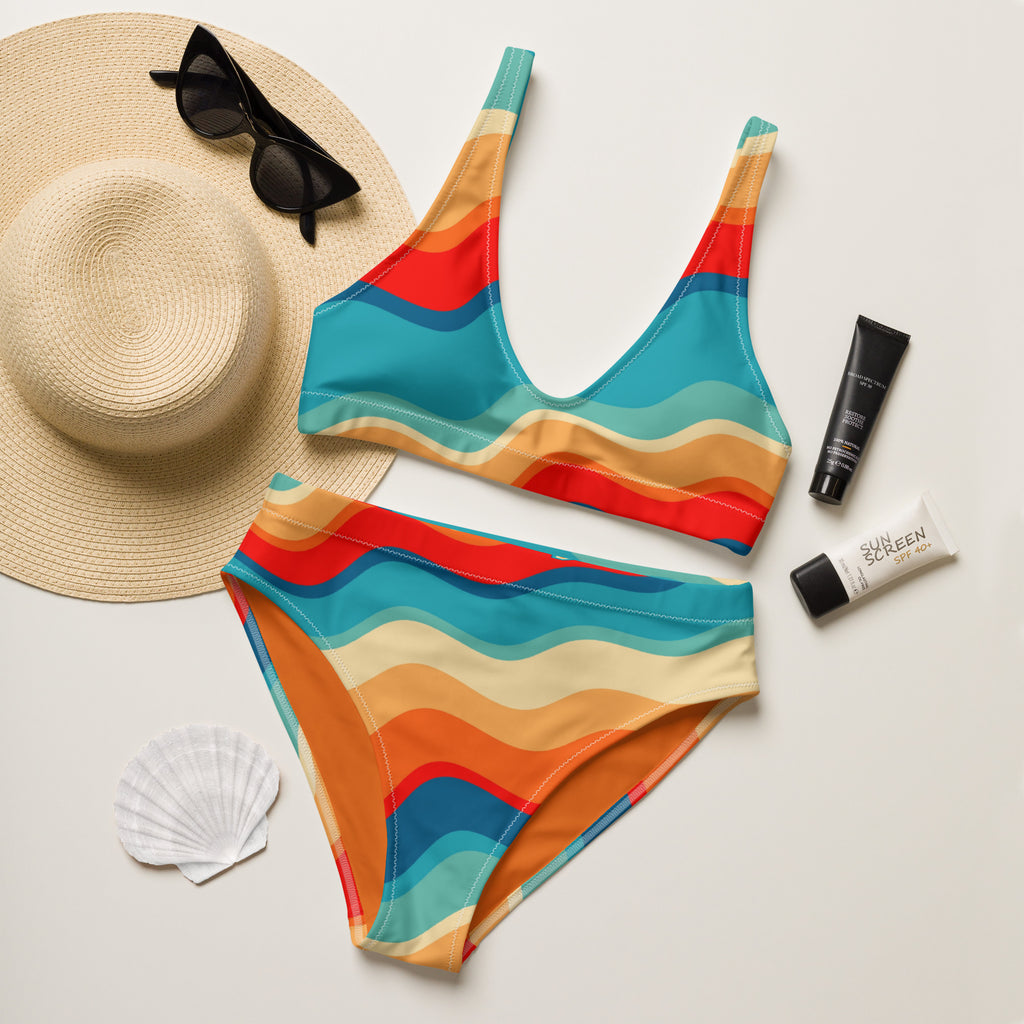 Women's Bright Retro Wave Recycled Bikini - Removable Padding, Buttery Soft Quick-Drying UPF 50+ Fabric