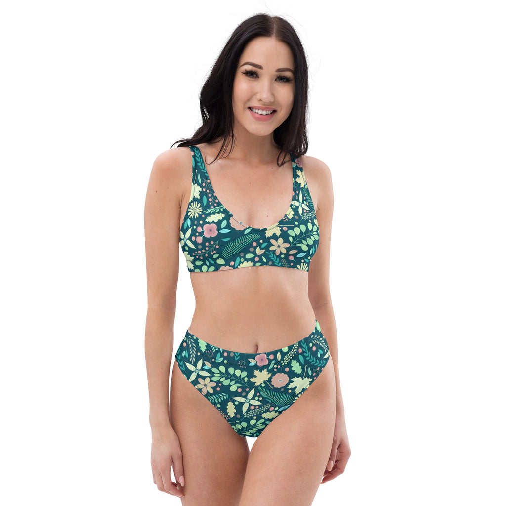 Women's Teal Botanical Floral Recycled Bikini - Removable Padding, Buttery Soft Quick-Drying UPF 50+ Fabric