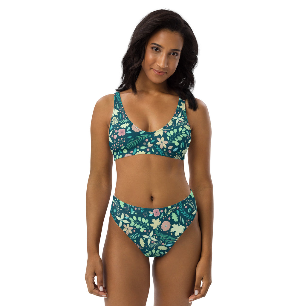 Women's Teal Botanical Floral Recycled Bikini - Removable Padding, Buttery Soft Quick-Drying UPF 50+ Fabric