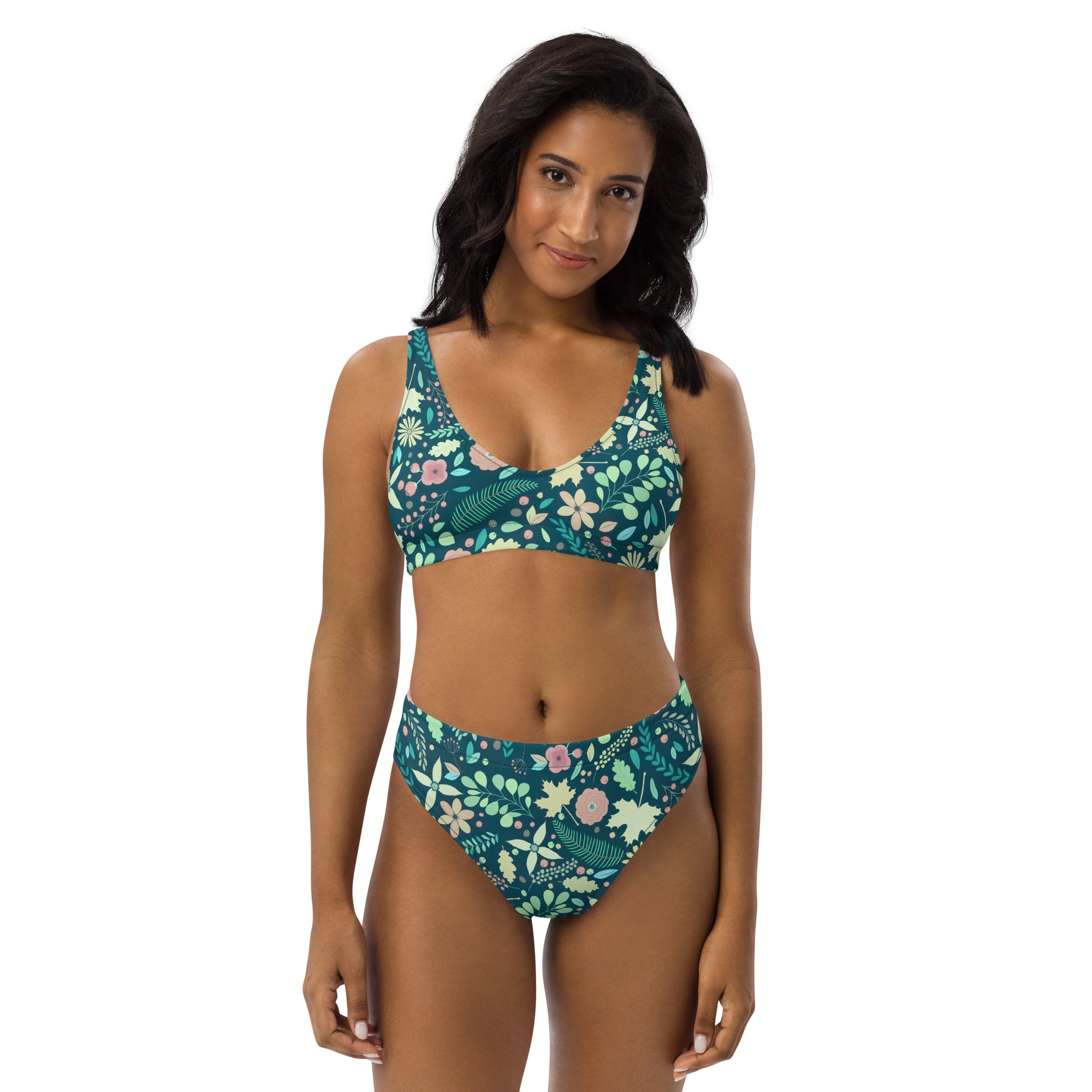 Women's Teal Botanical Floral Recycled Bikini - Removable Padding, Buttery Soft Quick-Drying UPF 50+ Fabric