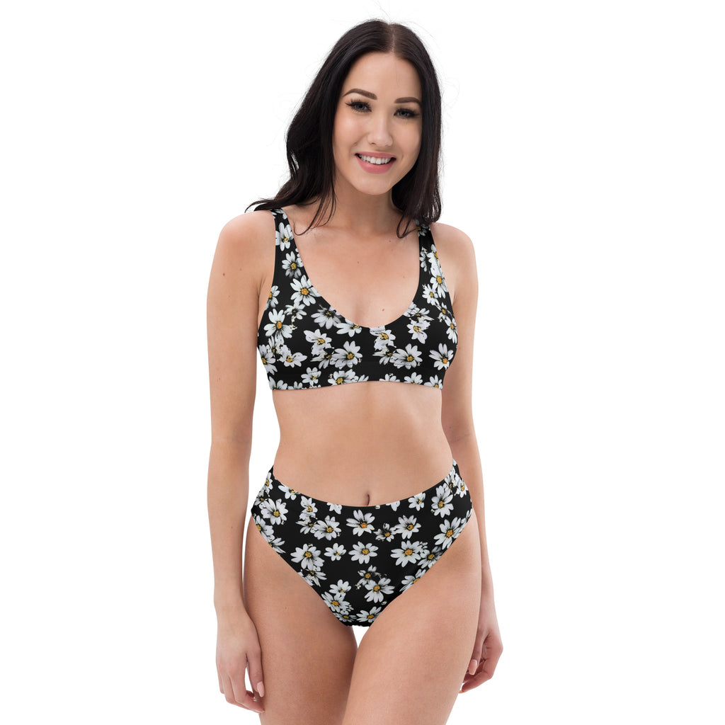 Women's Black Daisy Recycled Bikini - Removable Padding, Buttery Soft Quick-Drying UPF 50+ Fabric