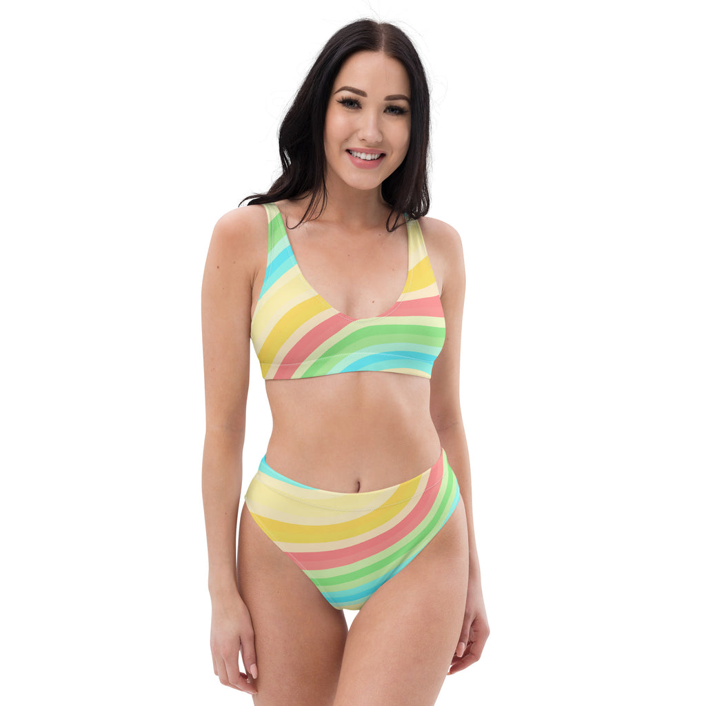 Women's Pastel Beach Rainbow Stripe Recycled Bikini - Removable Padding, Buttery Soft Quick-Drying UPF 50+ Fabric