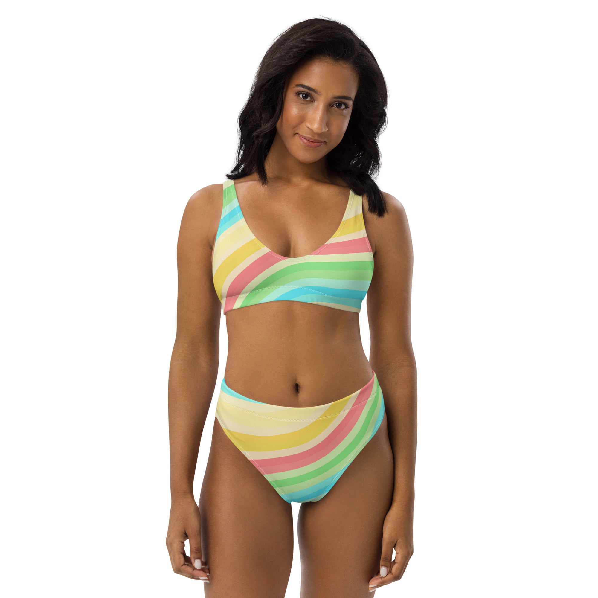 Women's Pastel Beach Rainbow Stripe Recycled Bikini - Removable Padding, Buttery Soft Quick-Drying UPF 50+ Fabric