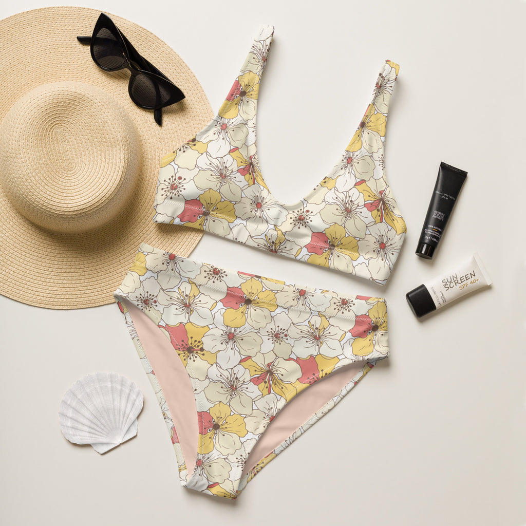 Women's Cream Floral Recycled Bikini - Removable Padding, Buttery Soft Quick-Drying UPF 50+ Fabric