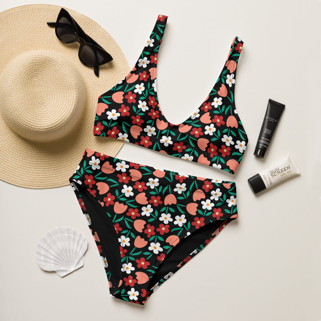 Women's Retro Color Floral Daisy Recycled Bikini - Removable Padding, Buttery Soft Quick-Drying UPF 50+ Fabric