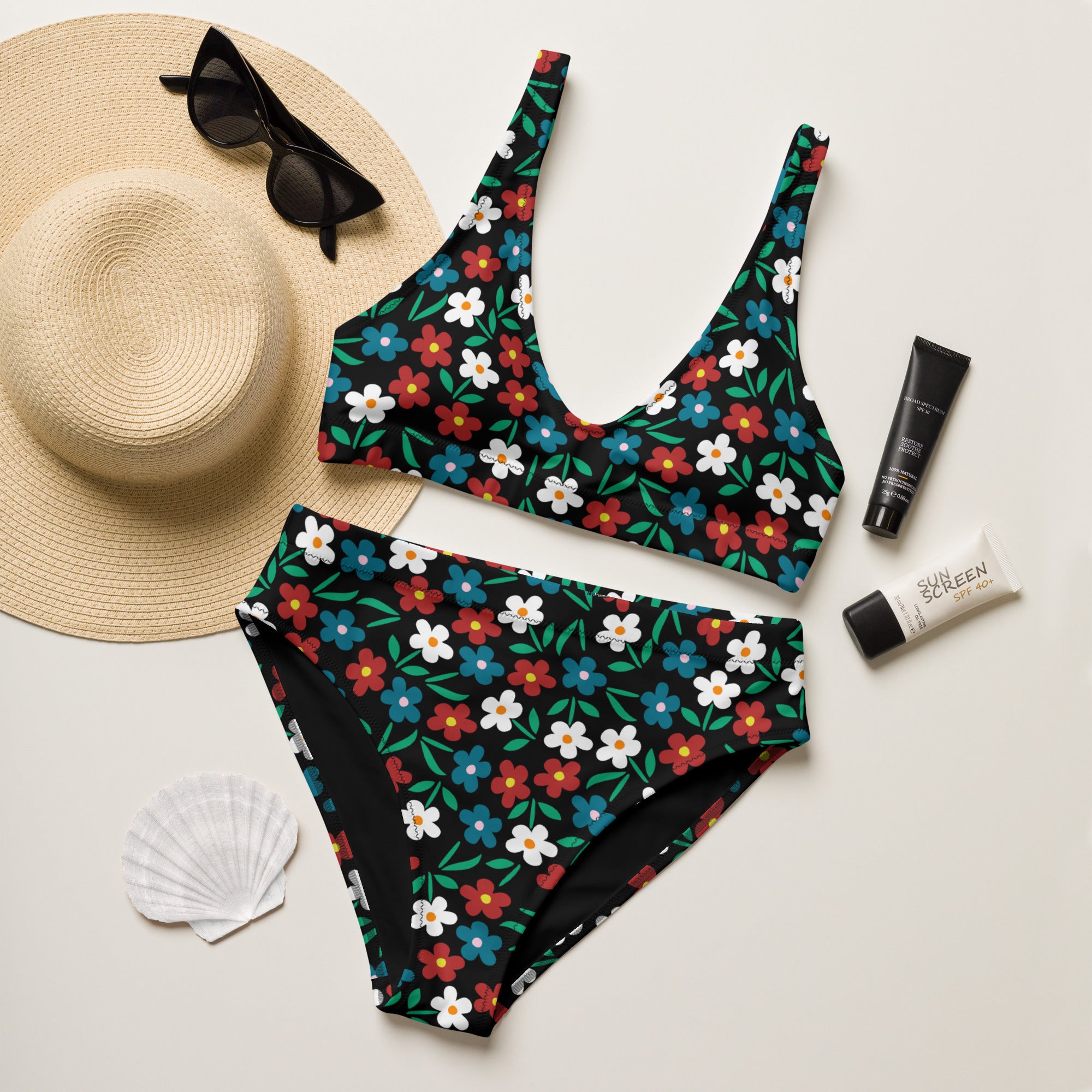 Women's Retro Strawberry Floral Recycled Bikini - Removable Padding, Buttery Soft Quick-Drying UPF 50+ Fabric