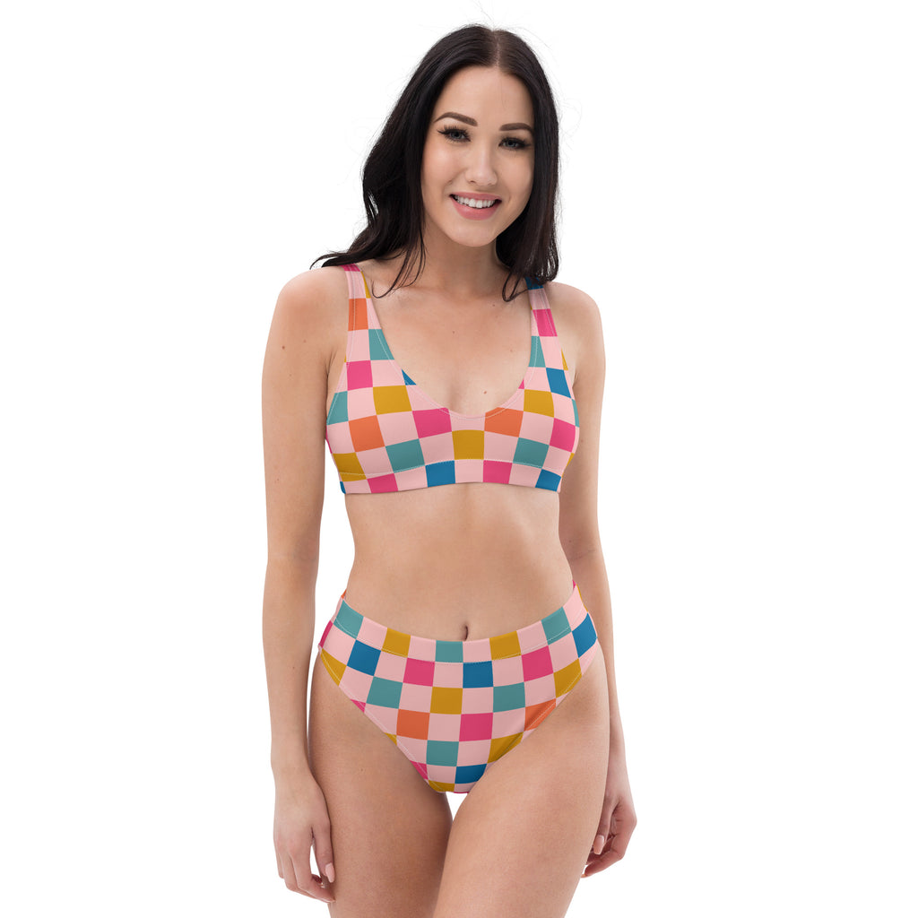 Women's Colorful Pink Pastel Checkerboard Recycled Bikini - Removable Padding, Buttery Soft Quick-Drying UPF 50+ Fabric