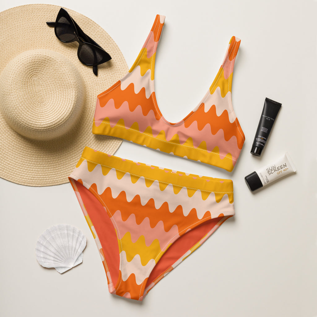 Women's Orange Wavy Stripe Recycled Bikini - Removable Padding, Buttery Soft Quick-Drying UPF 50+ Fabric